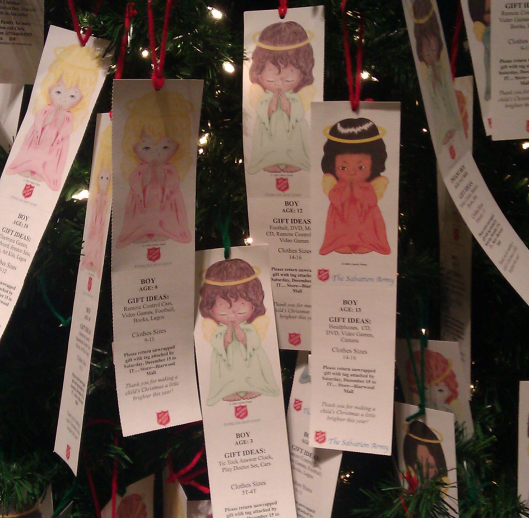 Closeup of angels hanging on tree